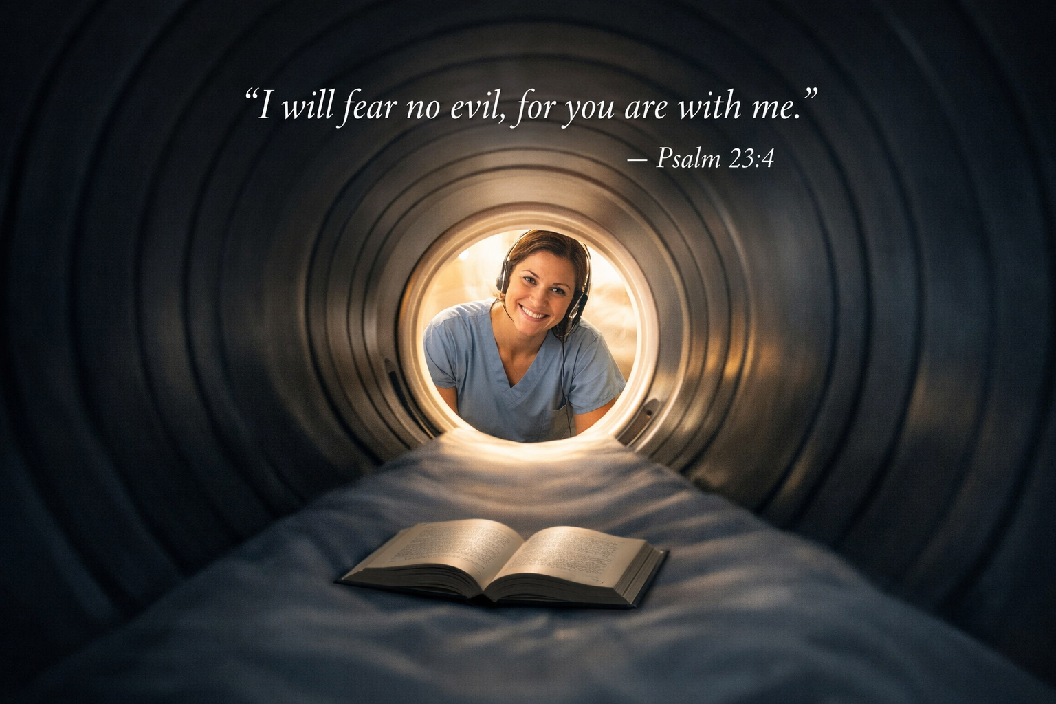 MRI tunnel from patient perspective, narrow dark tube with light and reassuring technician face at far end, walking through scary part knowing someone watches, text I will fear no evil for you are with me Psalm 23:4 -- HD wallpaper